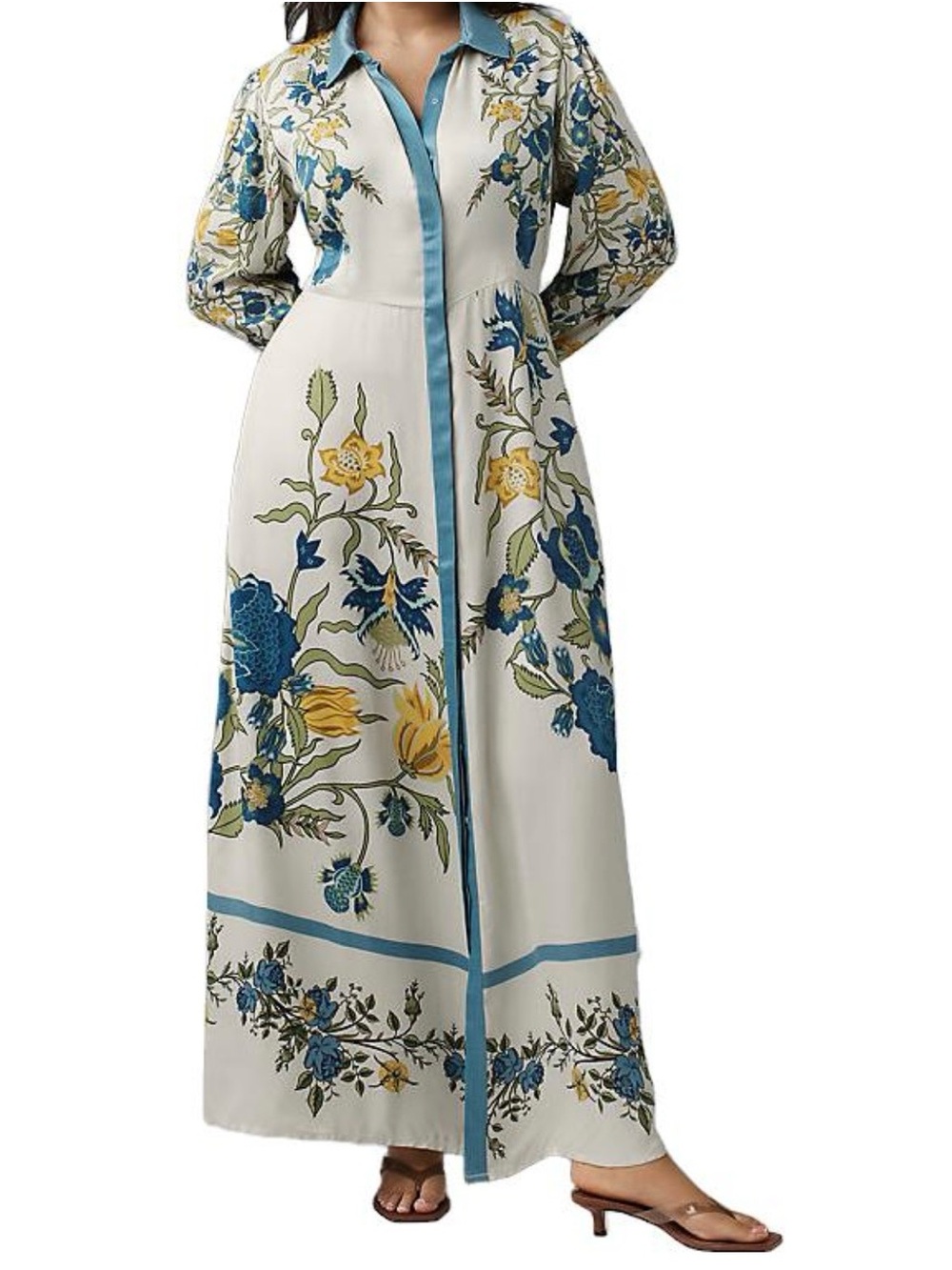 Anthropologie Floral Maxi Shirt Dress in Cream, Blue & Yellow